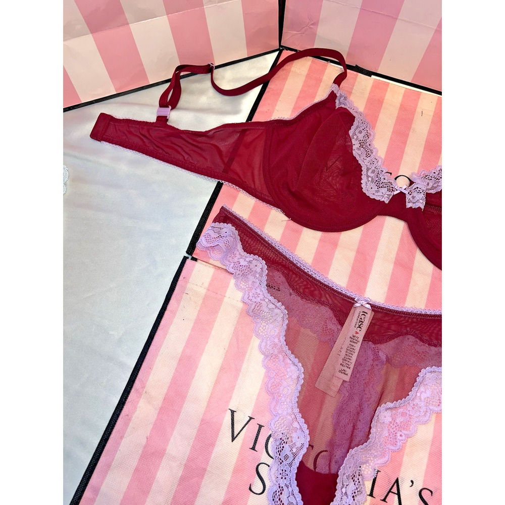 Victoria's Secret Bra Unlined Tease 36DDD Large Lace Thong Purple & Burgundy - Picture 2 of 3